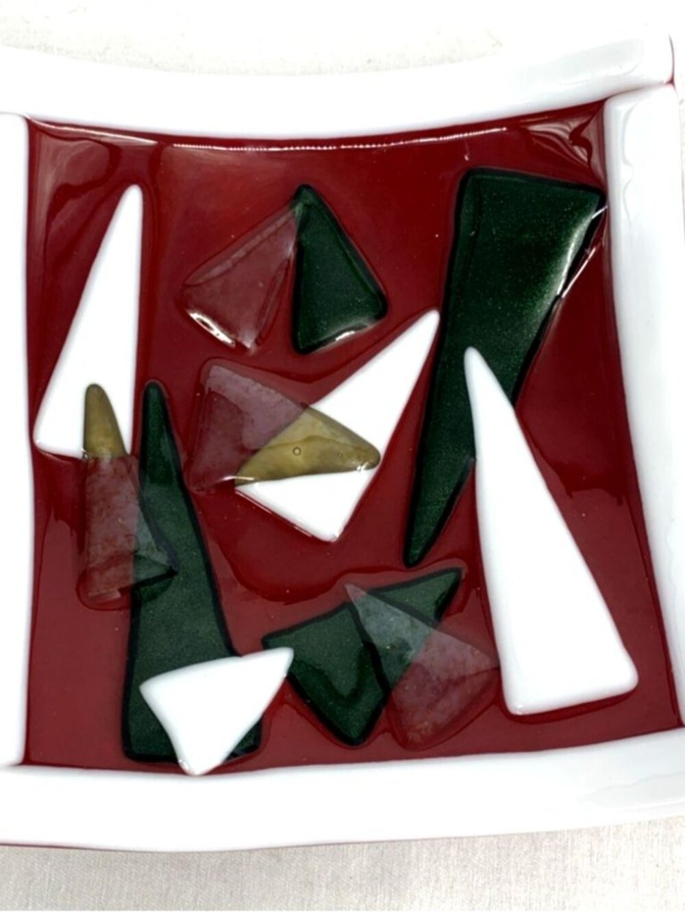 Fused Glass Trinket Dish Triangle Pattern Tray Plate 8" Handcrafted Unsigned